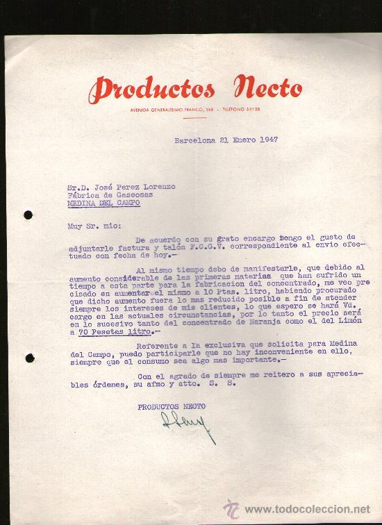 Lettres commerciales: CARTA COMERCIAL. BARCELONA. PRODUCTOS NECTO. 1947.
