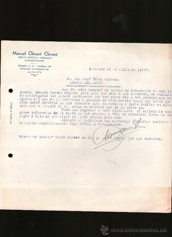Lettres commerciales: CARTA COMERCIAL. ALICANTE. MANUEL CLIMENT CLIMENT. AGENTE COMERCIAL COLEGIADO. 1947.