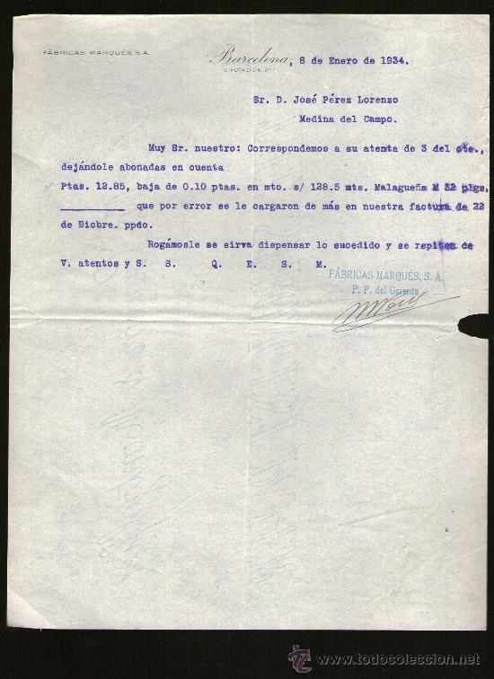 Lettres commerciales: CARTA COMERCIAL. BARCELONA. FABRICAS MARQUES S.A. 1934.