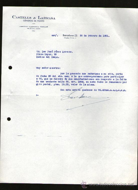 Lettres commerciales: CARTA COMERCIAL. BARCELONA. CASTELLS & LARRASA. GENEROS DE PUNTO. 1951.