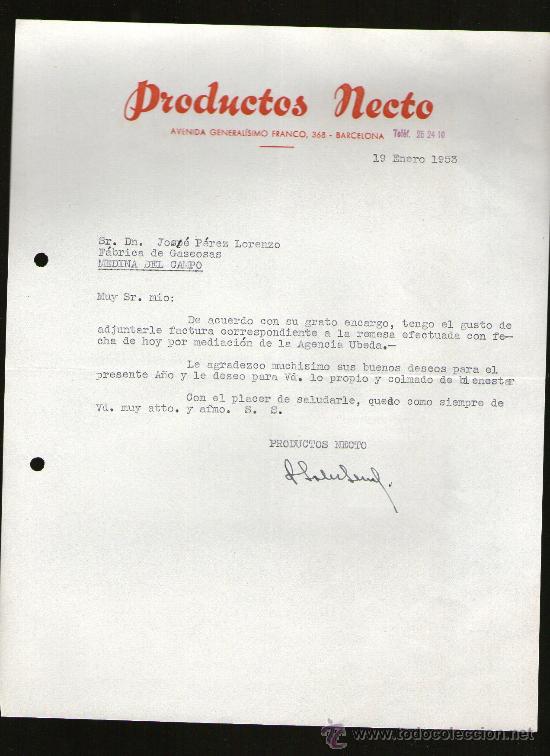 Lettres commerciales: CARTA COMERCIAL. BARCELONA. PRODUCTOS NECTO. 1953.