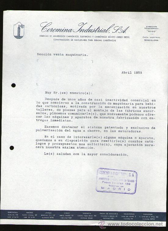 Lettres commerciales: CARTA COMERCIAL. BARCELONA. COROMINA INDUSTRIAL, S.A. FABRICAS ANHIDRICOS CARBONICO. 1953.