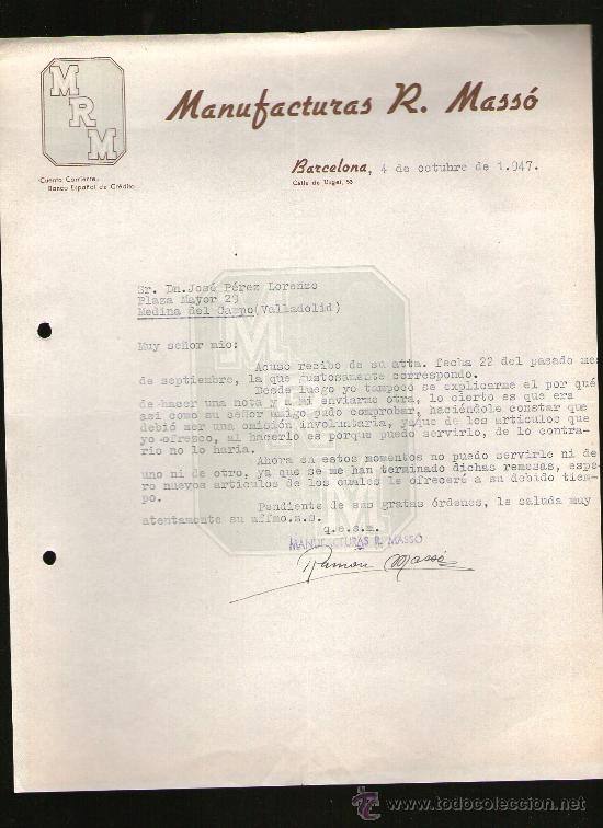 Lettres commerciales: CARTA COMERCIAL. BARCELONA. MANUFACTURAS R. MASSO. 1947.
