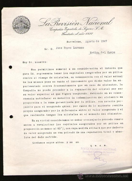 Lettres commerciales: CARTA COMERCIAL. BARCELONA. LA PREVISION NACIONAL. COMPA&Ntilde;IA ESPA&Ntilde;OLA DE SEGUROS. 1947.