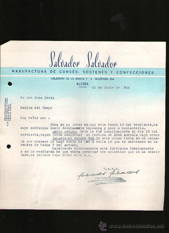 Lettres commerciales: CARTA COMERCIAL. ALCIRA, VALENCIA. SALVADOR SALVADOR. MANUFACTURA CORSES Y CONFECCIONES. 1954.