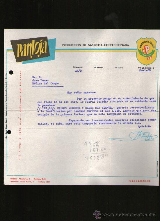 Lettres commerciales: CARTA COMERCIAL. VALLADOLID. PANTOJA. PRODUCCION DE SASTRERIA CONFECCIONADA. 1959.
