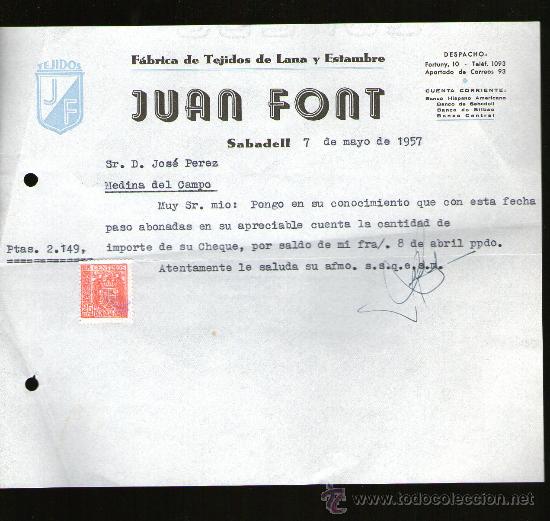 Lettres commerciales: CARTA COMERCIAL. SABADELL. FABRICA TEJIDOS LANA  Y ESTAMBRE. JUAN FONT. 1957.