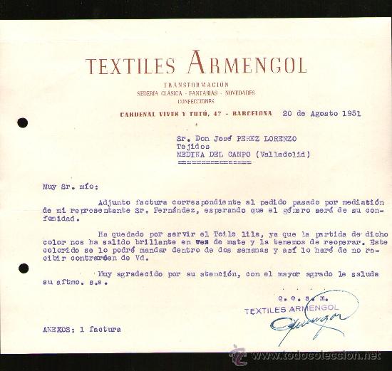 Lettres commerciales: CARTA COMERCIAL. BARCELONA. TEXTILES ARMENGOL. TRANSFORMACION. CONFECCIONES. 1951.