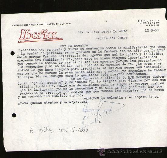 Lettres commerciales: CARTA COMERCIAL. MADRID. IBERIA. FABRICA DE PRECINTOS Y PAPEL ENGOMADO. 1953.