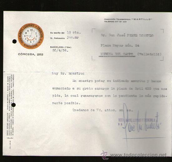 Lettres commerciales: CARTA COMERCIAL. BARCELONA. TEXTIL MARTI. LLOPART Y TRENCHS, S.A. 1956.