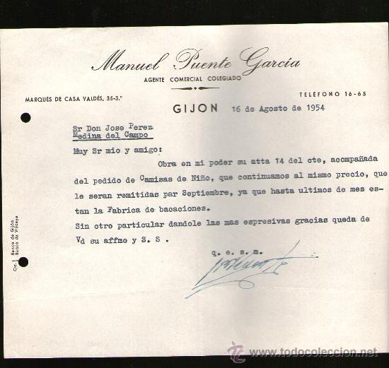 Lettres commerciales: CARTA COMERCIAL. GIJON. MANUEL PUENTE GARCIA. AGENTE COMERCIAL COLEGIADO. 1954.