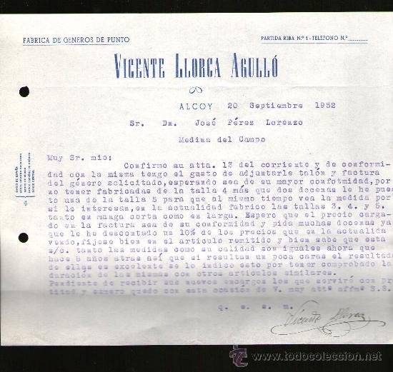 Gesch&auml;ftsbriefe: CARTA COMERCIAL. ALCOY. VICENTE LLORCA AGULLO. FABRICA GENEROS DE PUNTO. 1952.