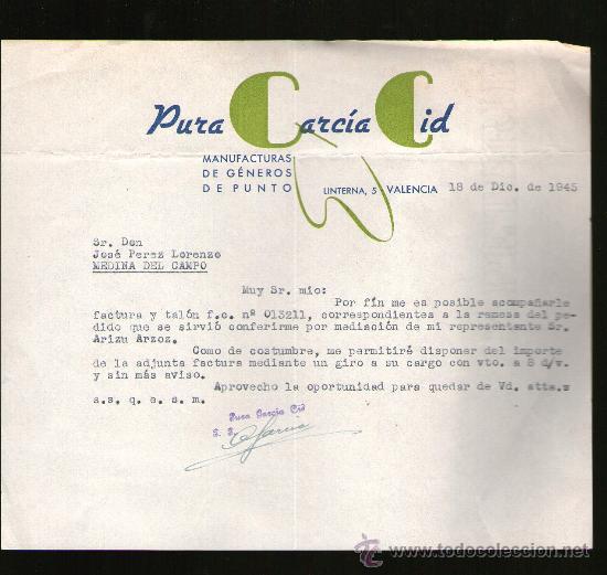 Gesch&auml;ftsbriefe: CARTA COMERCIAL. VALENCIA. PURA GARCIA CID. MANUFACTURAS DE GENEROS DE PUNTO. 1945.
