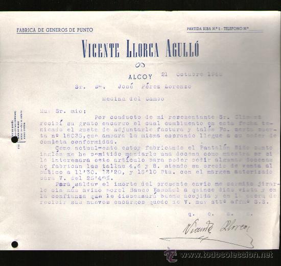 Gesch&auml;ftsbriefe: CARTA COMERCIAL. ALCOY. VICENTE LLORCA AGULLO. FABRICA DE GENEROS DE PUNTO. 1948.