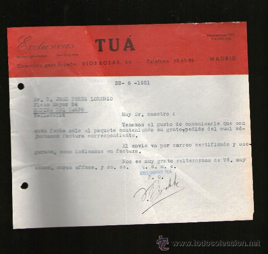 Gesch&auml;ftsbriefe: CARTA COMERCIAL. MADRID. CONFECCIONES TUA. EXCLUSIVAS. 1951.