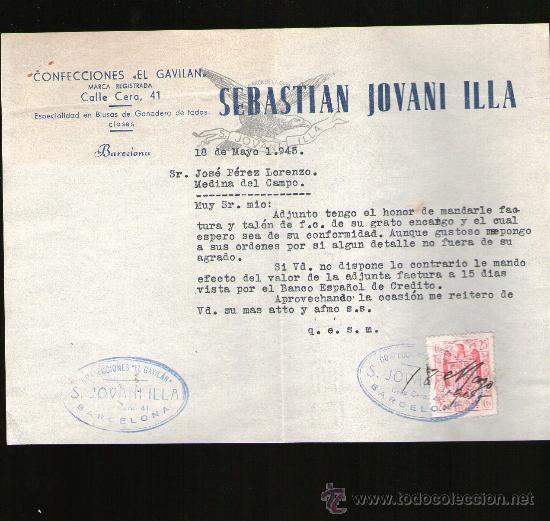 Gesch&auml;ftsbriefe: CARTA COMERCIAL. BARCELONA. SEBASTIAN JOVANI ILLA. CONFECCIONES EL GAVILAN. 1945.