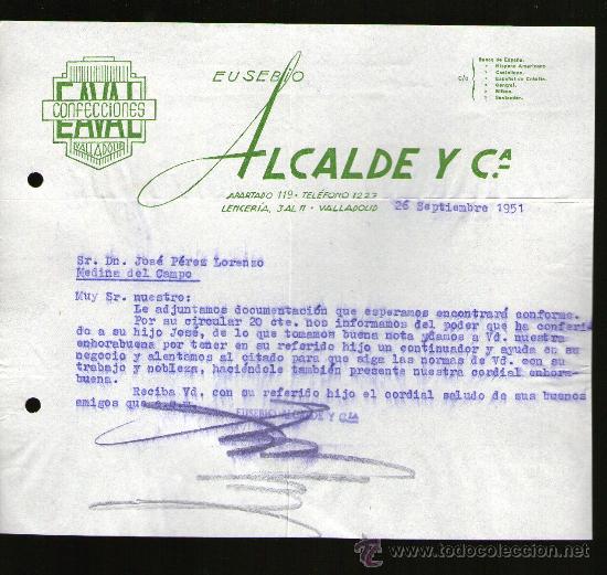 Cartas comerciales: CARTA COMERCIAL. VALLADOLID. ALCALDE Y CA. EUSEBIO. CONFECCIONES EAVAL. 1951. - Foto 1