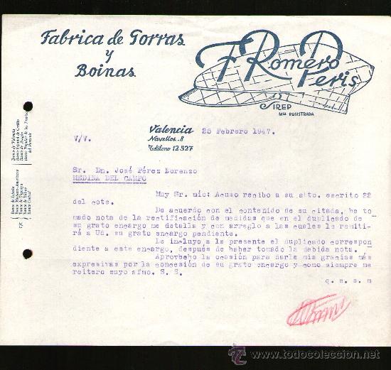Gesch&auml;ftsbriefe: CARTA COMERCIAL. VALENCIA. F. ROMERO PERIS. FABRICA DE GORRAS Y BOINAS. 1947.