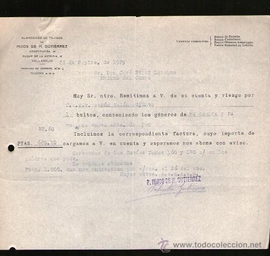 Gesch&auml;ftsbriefe: CARTA COMERCIAL. VALLADOLID. ALMACENES DE TEJIDOS DE HIJOS DE H. GUTIERREZ. 1929.