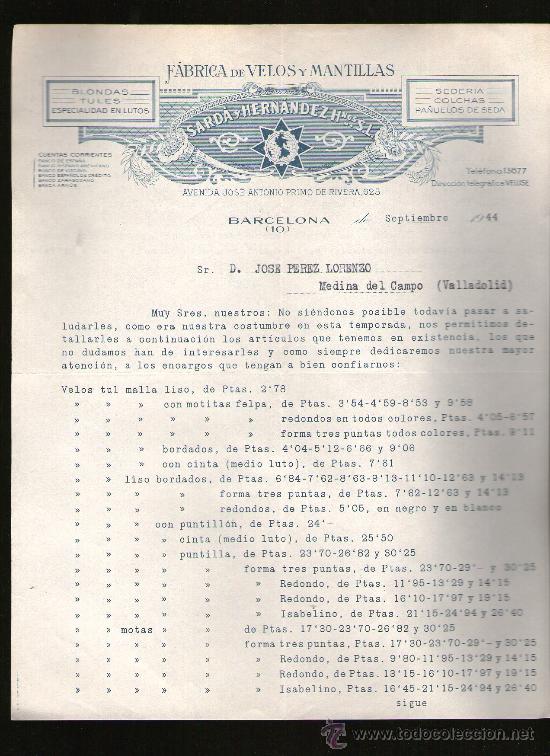 Gesch&auml;ftsbriefe: CARTA COMERCIAL. BARCELONA. SARDA Y HERNANDEZ HNOS. S.L. FABRICA VELOZ Y MANTILLAS. 1944.