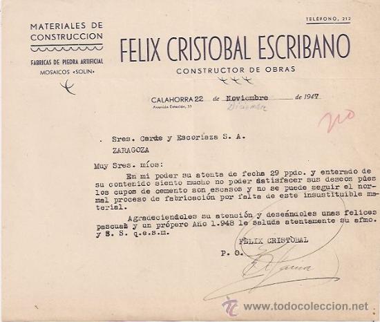Cartas comerciales: Calahorra (Logro&ntilde;o). Documento de 1947 F&eacute;lix Crist&oacute;bal Escribano. Construcci&oacute;n