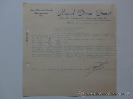 Cartas comerciais: CARTA COMERCIAL. ALICANTE. JUNIO 1951. MANUEL CLIMENT CLIMENT. AGENTE COMERCIAL COLEGIADO.