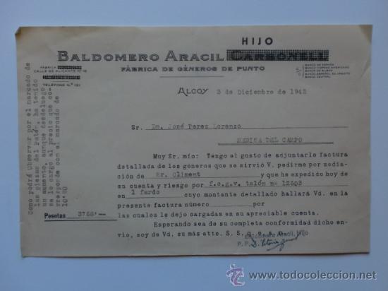 Cartas comerciais: CARTA COMERCIAL. ALCOY. DICIEMBRE 1942. BALDOMERO ARACIL, HIJO. FABRICA DE ENEROS DE PUNTO.
