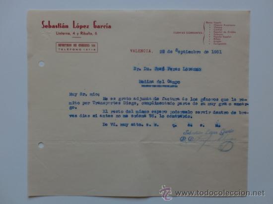 Cartas comerciais: CARTA COMERCIAL. VALENCIA. SEPTIEMBRE 1951. SEBASTIAN LOPEZ GARCIA.