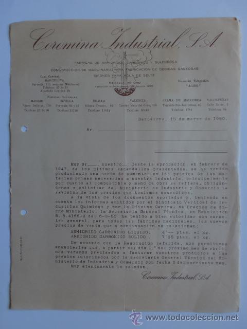 Cartas comerciais: CIRCULAR. BARCELONA. MARZO 1950. COROMINA INDUSTRIAL, S. A. FABRICAS DE ANHIDRIDO CARBONICO.