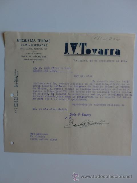 Cartas comerciais: CARTA COMERCIAL. VALENCIA. SEPTIEMBRE 1951. J. V. TOVARRA. ETIQUETAS TEJIDAS SEMIBORDADAS.