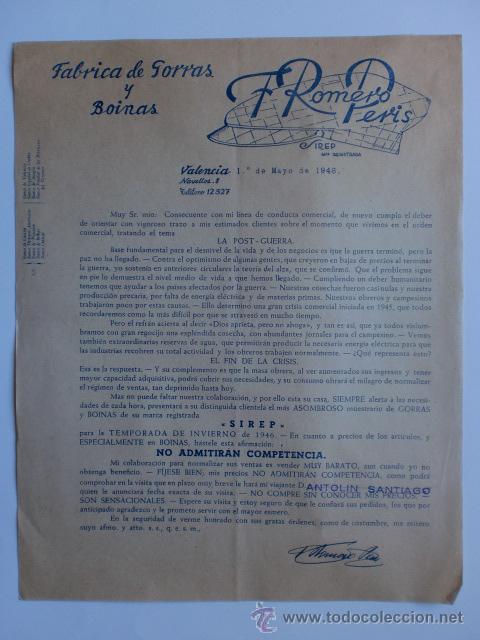 Cartas comerciais: CIRCULAR. VALENCIA. MAYO 1946. F. ROMERO PERIS. FABRICA DE GORRAS Y BOINAS.