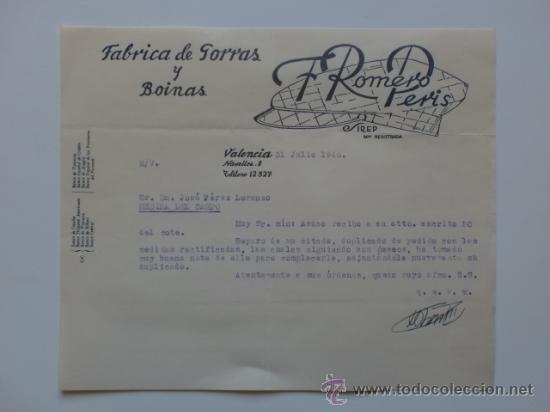 Cartas comerciais: CARTA COMERCIAL. VALENCIA. MAYO 1946. F. ROMERO PERIS. FABRICA DE GORRAS Y BOINAS.