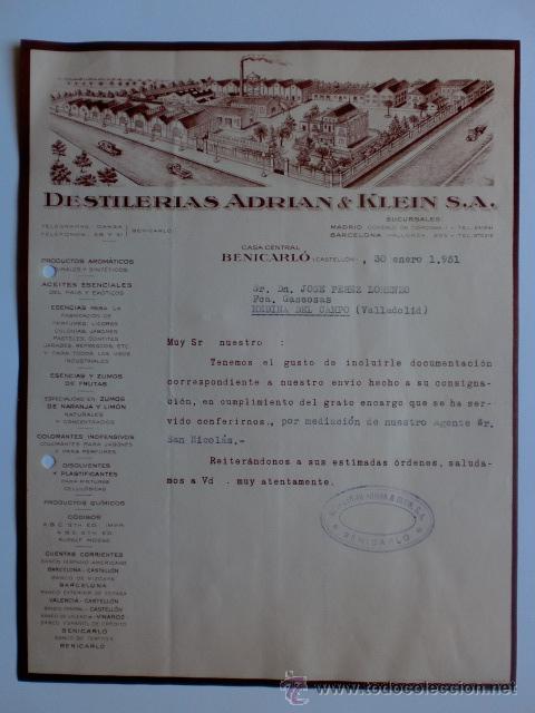 Cartas comerciais: CARTA COMERCIAL. BENICARLO. ENERO 1951. DESTILERIAS ADRIAN Y KLEIN, S. A.