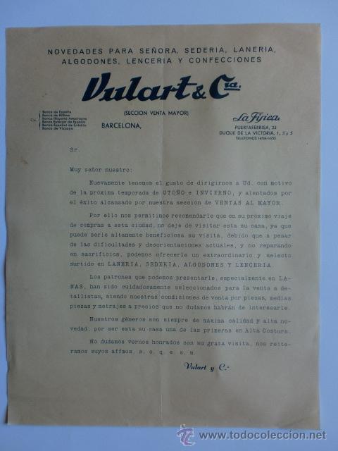 Cartas comerciales: CIRCULAR. BARCELONA. VULART Y CIA. NOVEDADES PARA SE&Ntilde;ORA, SEDERIA, LANERIA, ALGODONES.