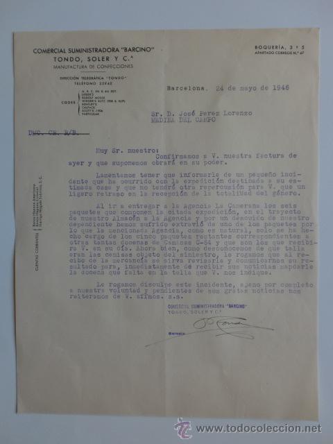 Cartas comerciales: CARTA COMERCIAL. BARCELONA. MAYO 1946. TONDO, SOLER Y CIA. COMERCIAL SUMINISTRADORA BARCINO.