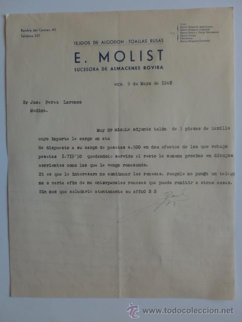 Cartas comerciales: CARTA COMERCIAL. VICH. MAYO 1946. E. MOLIST. SUCESORA DE ALMACENES ROVIRA. TEJIDOS DE ALGODON.