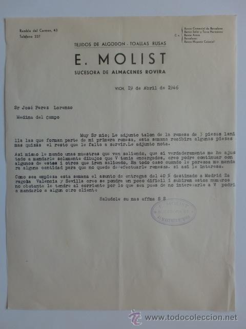 Cartas comerciales: CARTA COMERCIAL. VICH. ABRIL 1946. E. MOLIST. SUCESORA DE ALMACENES ROVIRA. TEJIDOS DE ALGODON.