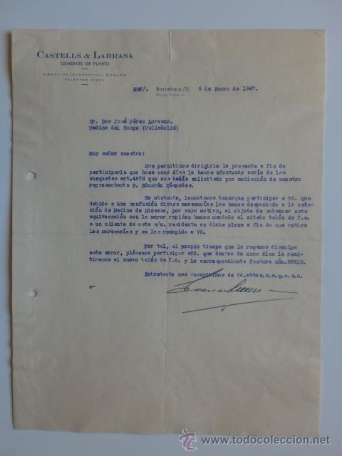 Cartas comerciales: CARTA COMERCIAL. BARCELONA. ENERO 1947. CASTELLS Y LARRASA. GENEROS DE PUNTO.