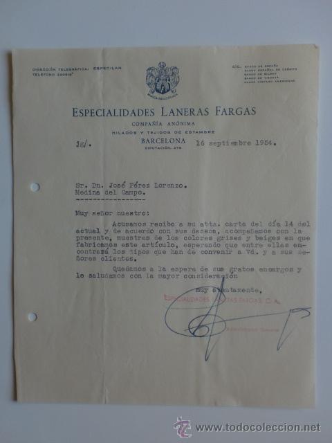 Cartas comerciales: CARTA COMERCIAL. BARCELONA. SEPTIEMBRE 1954. ESPECIALIDADES LANERAS FARGAS. HILADOS Y TEJIDOS.
