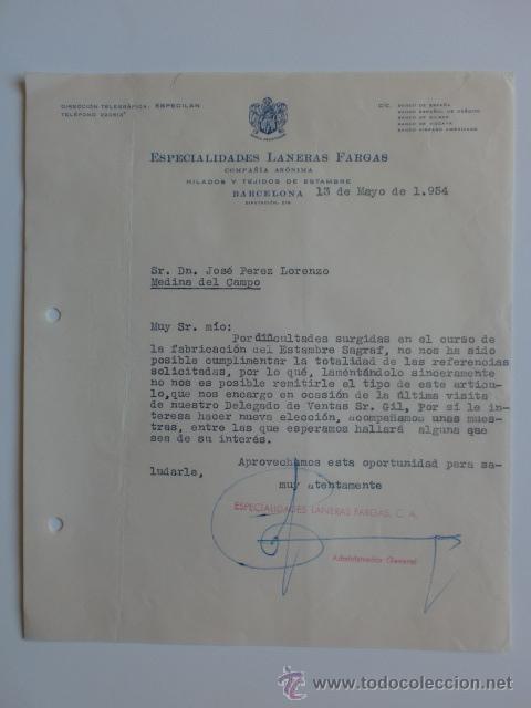 Cartas comerciales: CARTA COMERCIAL. BARCELONA. MAYO 1954. ESPECIALIDADES LANERAS FARGAS. HILADOS Y TEJIDOS.