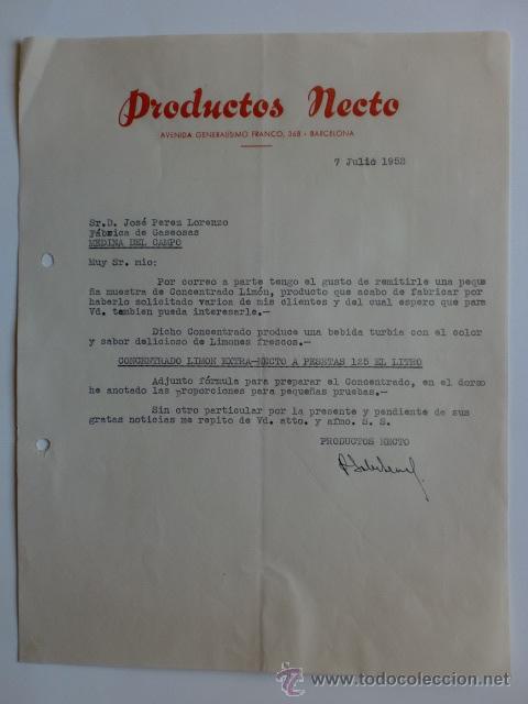 Cartas comerciales: CARTA COMERCIAL. BARCELONA. JULIO 1952. PRODUCTOS NECTO.