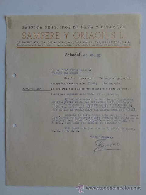 Cartas comerciales: CARTA COMERCIAL. SABADELL. ABRIL 1951. SAMPERE Y ORIACH, S. L. FABRICA DE TEJIDOS DE LANA Y ESTAMBRE