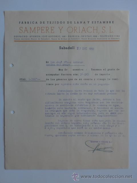 Cartas comerciales: CARTA COMERCIAL. SABADELL. DICBRE1950. SAMPERE Y ORIACH, S. L. FABRICA DE TEJIDOS DE LANA Y ESTAMBRE