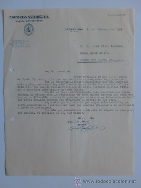 Cartas comerciales: CARTA COMERCIAL. BARCELONA. ENERO 1951. INDUSTRIAS SANCHEZ. TEJIDOS Y CONFECCIONES.