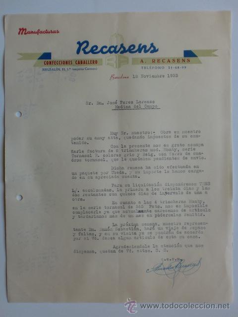 Cartas comerciales: CARTA COMERCIAL. BARCELONA. NOVIEMBRE 1953. MANUFACTURAS RECASENS. CONFECCIONES CABALLERO.