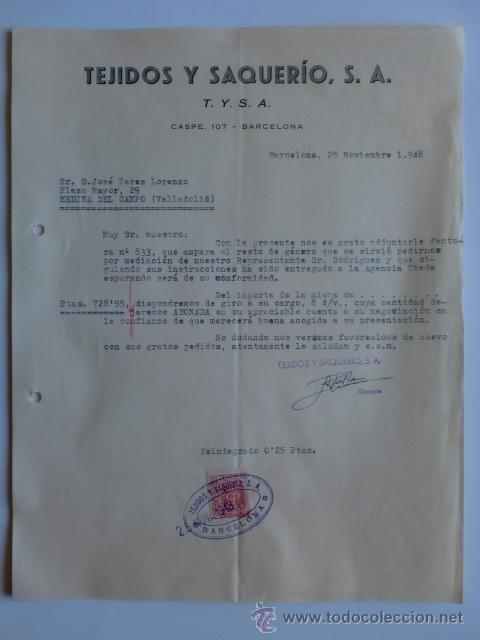 Cartas comerciales: CARTA COMERCIAL. BARCELONA. NOVIEMBRE 1948. TEJIDOS Y SAQUERIO, S.A. T. Y. S. A.