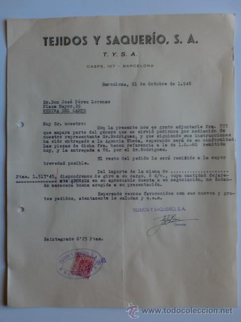 Cartas comerciales: CARTA COMERCIAL. BARCELONA. OCTUBRE 1948. TEJIDOS Y SAQUERIO, S.A. T. Y. S. A.