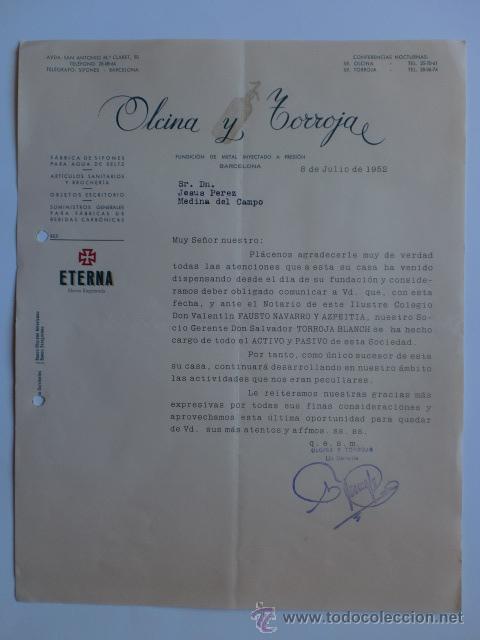 Cartas comerciales: CIRCULAR. BARCELONA. JULIO 1952. OLCINA Y TORROJA. FUNDICION DE METAL A PRESION.