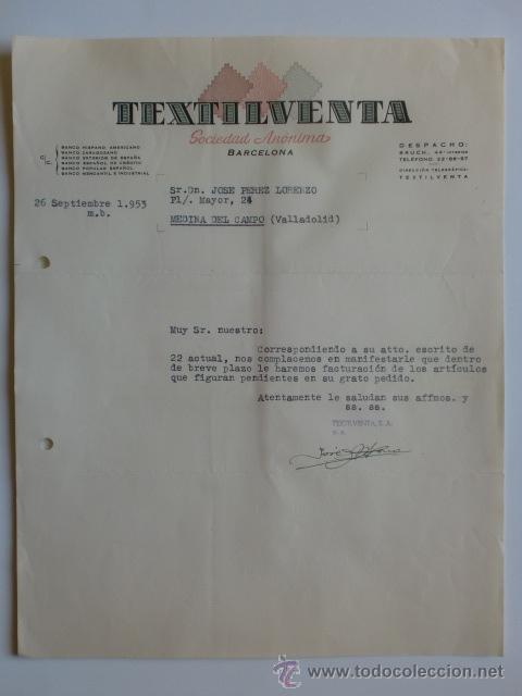 Cartas comerciales: CARTA COMERCIAL. BARCELONA. SEPTIEMBRE 1953. TEXTILVENTA SOCIEDAD ANONIMA.