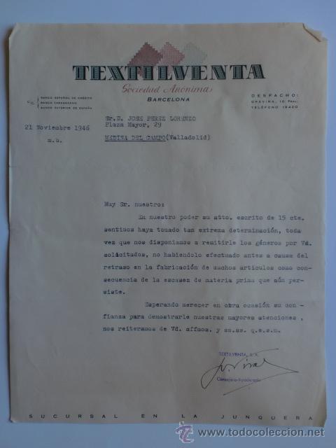 Cartas comerciales: CARTA COMERCIAL. BARCELONA. NOVIEMBRE 1946. TEXTILVENTA SOCIEDAD ANONIMA.